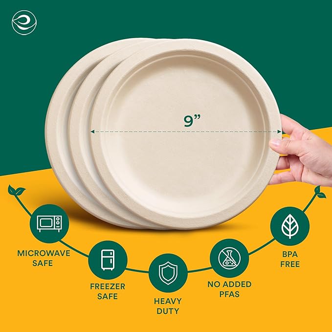 ECO SOUL 9 Inch Compostable Disposable Paper Plates [200 Pack] Food Safe 100% Virgin Bagasse Pulp Heavy Duty Biodegradable Microwave Safe Large Round Dinner Plate for Party Picnic &amp BBQ (Brown)
