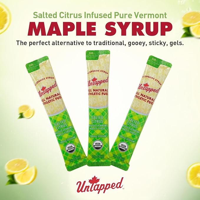 UnTapped Salted Citrus Infused Vermont Maple Syrup Packets for Athletes Box of 20 - 1 fl oz | Pure Maple Syrup with Refreshing Citrus Flavor and Sea Salt for Endurance Energy | Fuel to Keep You Runni