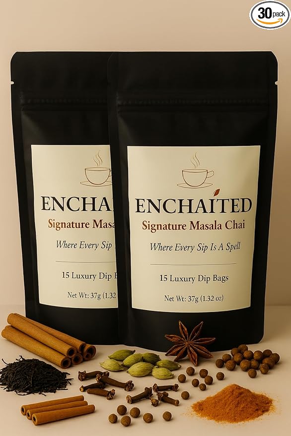 ENCHAITED Authentic Masala Chai Tea Bags - 30 Count | Premium Assam Tea Loose Leaf Quality in Convenient Tea Bags | Chai Spice Tea | Natural Caffeine | Individual Wrapped