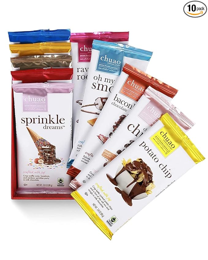 Chuao Chocolatier Gourmet Assorted Milk and Dark Chocolate Bar Gift Box | For Gift Baskets Christmas Valentines Birthday Care Package | 10 Ct