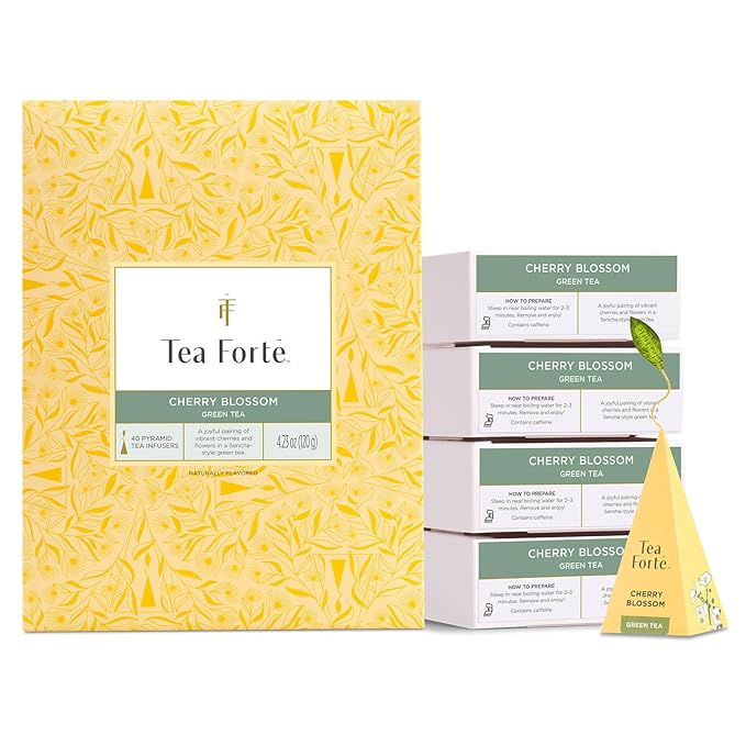 Tea Forte Cherry Blossom Premium Caffeinated Green Tea Blend Event Box Bulk Pack 40 Count 10 per tray Individually Wrapped Handcrafted Pyramid Infusers