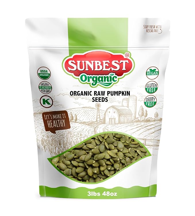 Sunbest Natural Organic Raw Pumpkin Seeds 48 oz (3 lb Bulk Bag) – USDA Organic Unsalted Shelled Pepita Seeds – Gluten-Free Non-GMO Vegan Kosher