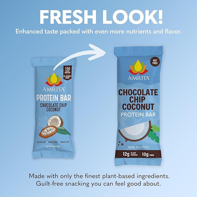 Amrita Nut Free Chocolate Chip Coconut Vegan Protein Bars (12 Count) | 12g Plant-Based Protein Bar | Peanut Free Gluten Free and Dairy Free | Low Sugar High Fiber Healthy School-Safe Snacks