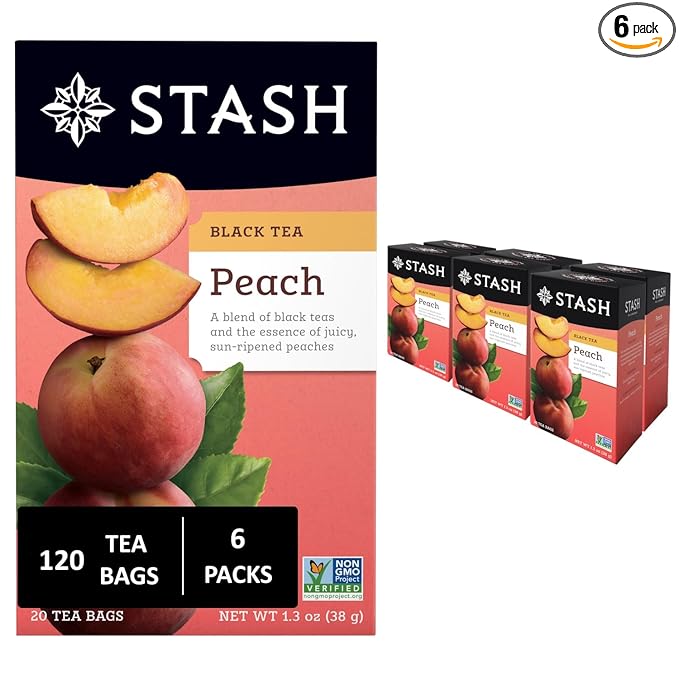 Stash Tea Peach Black Tea 6 Boxes With 20 Tea Bags Each (120 Tea Bags Total)