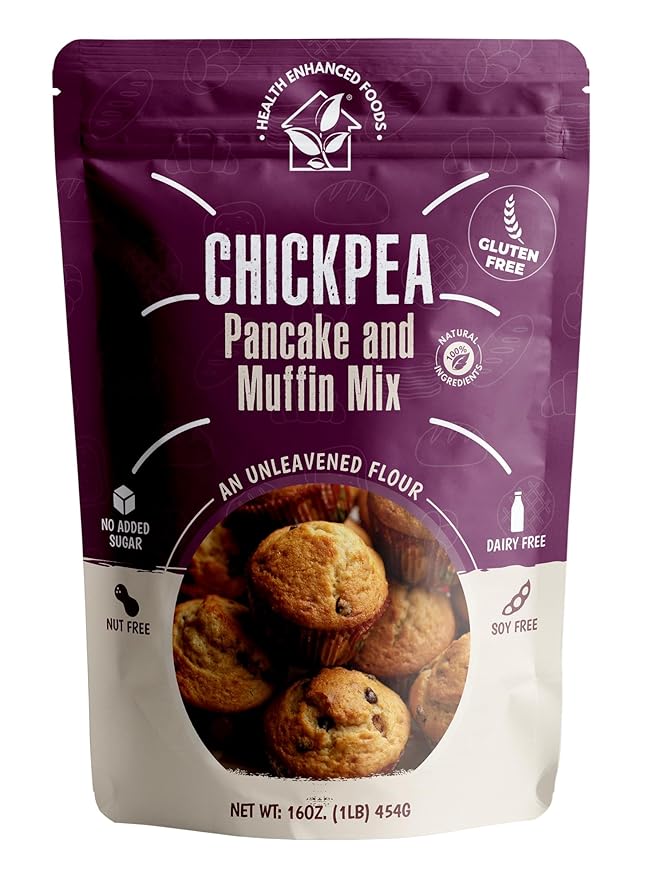 Health Enhanced Foods Chickpea Pancake &amp Muffin Mix [2 Pack - 16 oz / 1 LB] - Gluten-Free Nut-Free Grain-Free Soy-Free Dairy-Free No Added Sugar - Perfect for Pancakes Muffins Waffles