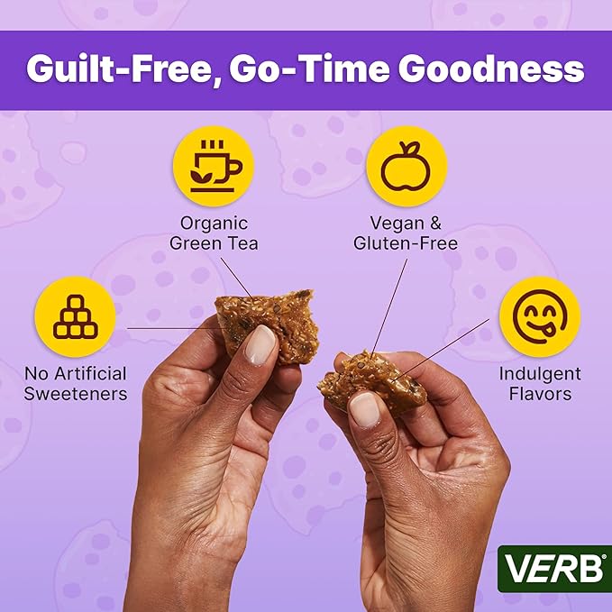 Verb Energy - Caffeinated Protein Bars Chocolate Chip Cookie Dough 190-Calorie Low Sugar 10g Protein Bar - Vegan Snacks - Gluten Free Breakfast Bars with Organic Green Tea 51g Per Bar (Pack of 12)