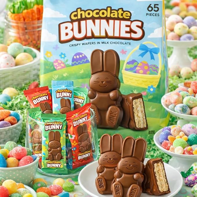 Bunnies Milk Chocolate Wafer Easter Candy 65 Individually Wrapped Bunny Snack Size Treat - Easter Egg Hunt Basket Filler Stuffer Party Favor