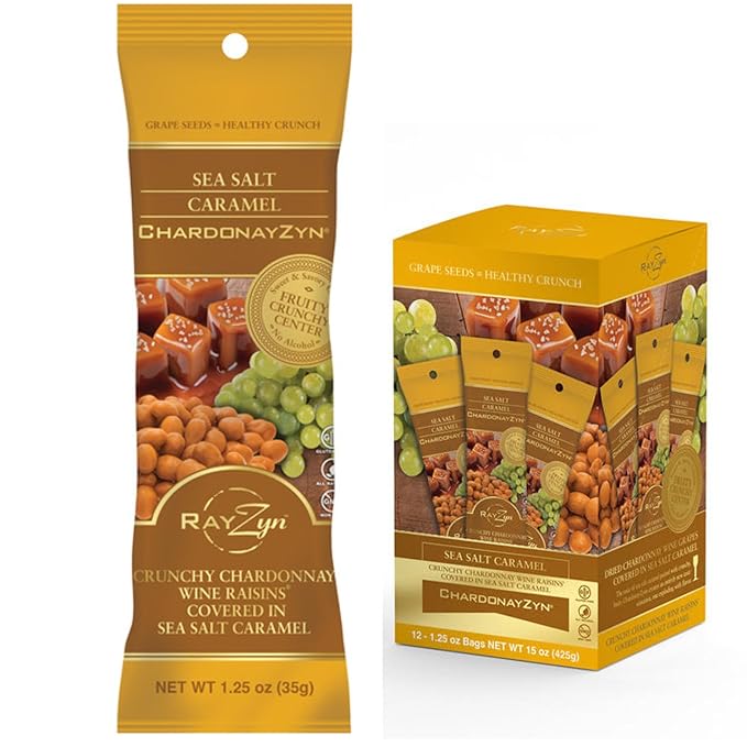Wine RayZyn® - Sea Salt Caramel ChardonayZyn® (12 pack) – Hand Harvested Dried Chardonnay Wine Raisins® from Napa Valley enrobed in delicious sea salt caramel – The Healthier Golden Raisin with a Natu
