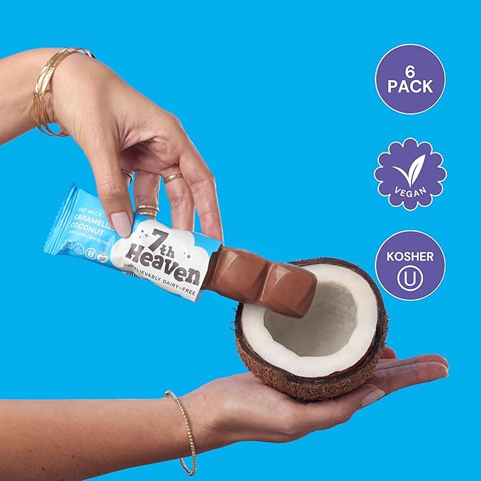 7th Heaven Vegan Oat Milk Chocolate Snack Bars: Caramelized Coconut - (1.6 oz - 6 Pack) Healthy Chocolate Perfect Valentines Gift For Your Loved Ones 100% Dairy Free Non GMO Kosher Parve Cruelt