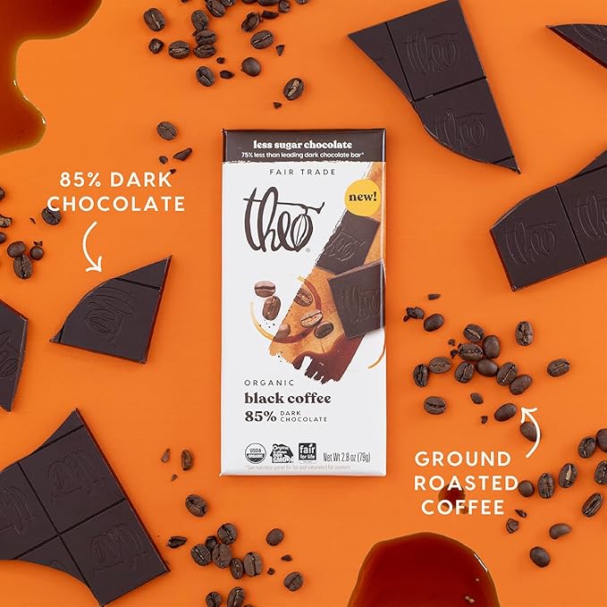 Theo Chocolate Black Coffee Organic Dark Chocolate Bar 85% Cacao 6 Pack | Vegan Fair Trade
