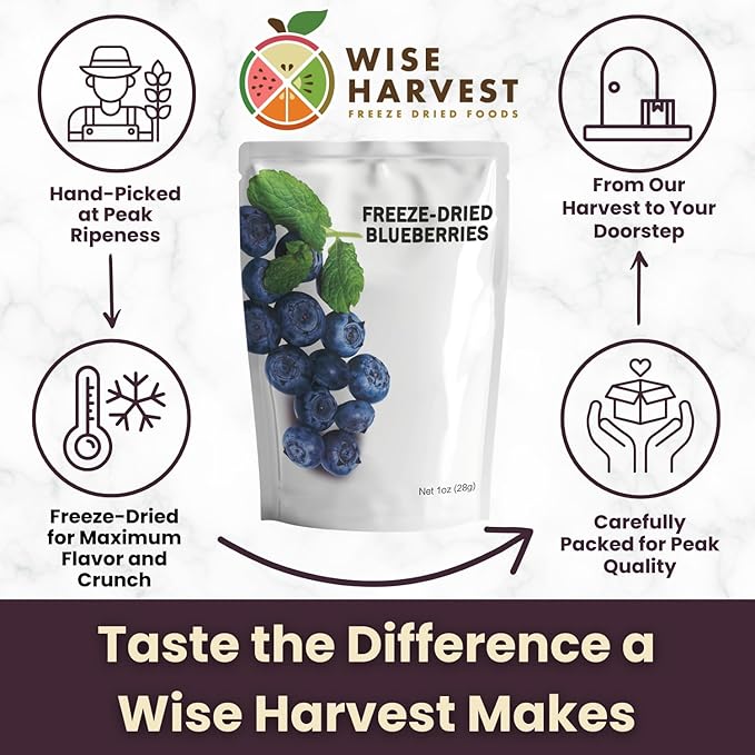 Wise Harvest Freeze-Dried Blueberries – Five 1oz Packs | Single Ingredient Snack | Real Fruit No Sugar Added Just Crunch | Healthy Vegan Gluten-Free Snack for Kids &amp Adults
