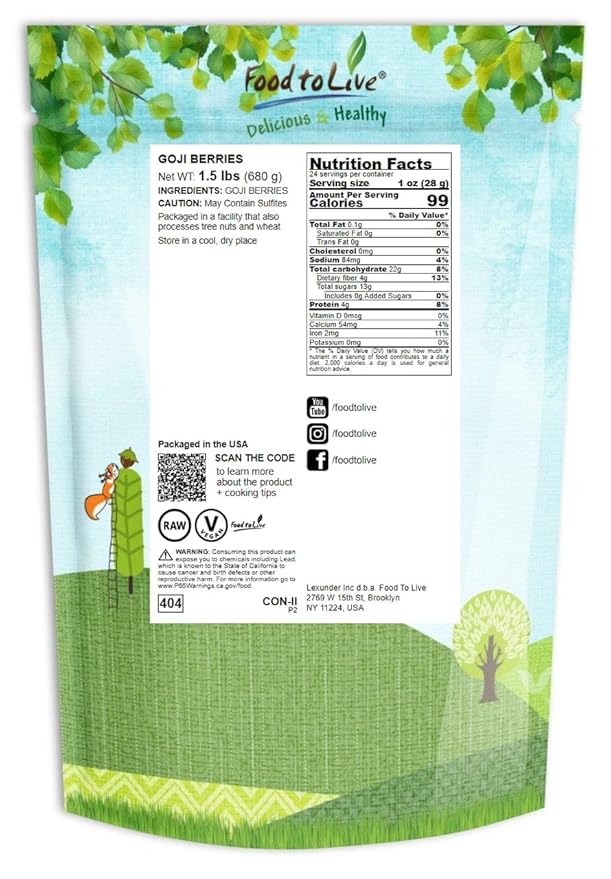 Food to Live Goji Berries 1.5 Pounds Sun-Dried Large and Juicy Unsweetened Vegan Bulk. High in Iron Vitamins A and C. Fruit Snack. For Baked Goods Tea Smoothie Yogurt Oatmeal.
