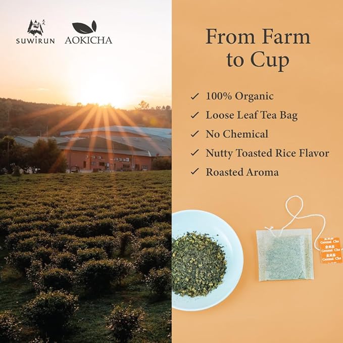 Suwirun Aoki Cha Organic Genmaicha 50 Bags – Roasted Rice &amp Green Tea Blend – Nutty Toasty Aroma Low Caffeine – Eco-Friendly Unbleached Tea Bags for Hot &amp Cold Brew