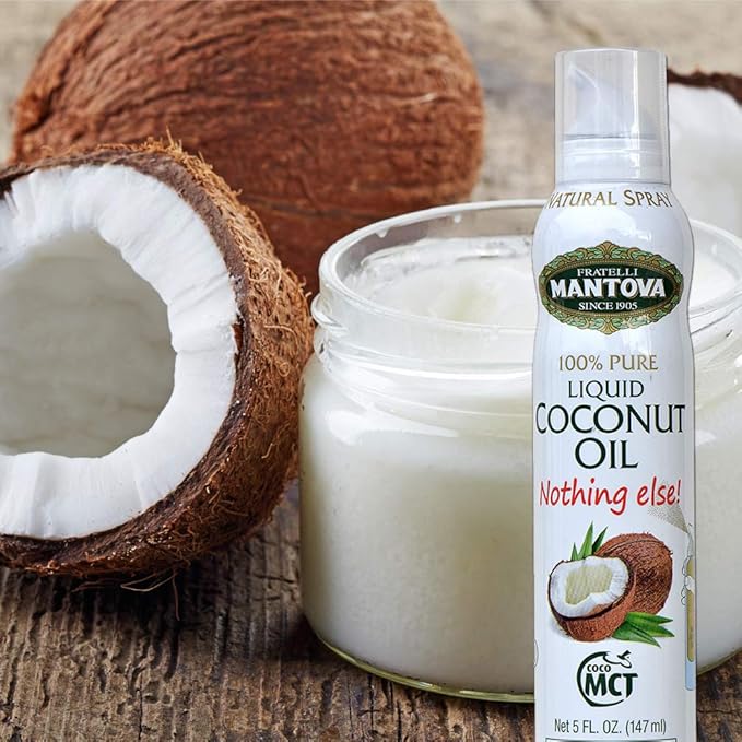 Mantova Coconut Oil Spray 100% Pure Cooking Oil Ideal for Healthy Keto Snacks Baking Grilling and Seasoning - Versatile Dispenser for Spray Drip or Stream with No Waste 5 oz (Pack of 2)