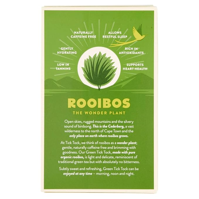 TICK TOCK TEAS Organic Rooibos Tea Green Tea Naturally Caffeine Free Red Bush Herbal Tea Rich in Anti-Oxidants South African Superfood - 40 Count (Pack of 4) Packaging May Vary