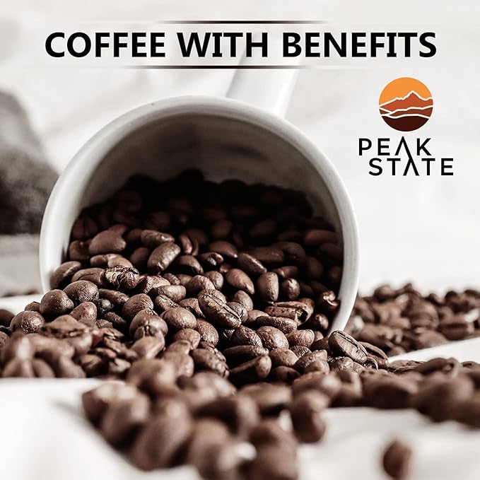 Peak State Brain Sustain Coffee with Benefits Light Roast – Mushroom Coffee Low Acid &amp Smooth Sweet Citrus &amp Lemon Organic Whole Bean Gluten Free 12 oz. Each