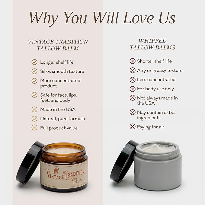 Vintage Tradition Beef Tallow All Purpose Balm – Healing Hydrating Floral Skin Care Salve Replaces Body Lotion Hand Cream More – Essential Oil Olive Oil and Grass-Fed Tallow 2 fl. oz.