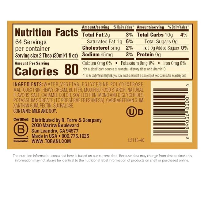 Torani Sugar Free Sauce Caramel 64 Ounces