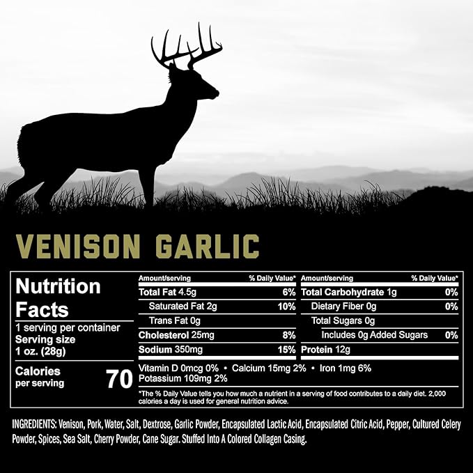 ICON Meats Venison and Pork Snack Sticks Garlic Flavor 24 Pack High Protein Snacks Sugar Free Natural Jerky Meat Sticks Gluten Free USDA Inspected Made in the USA Gifts for Him