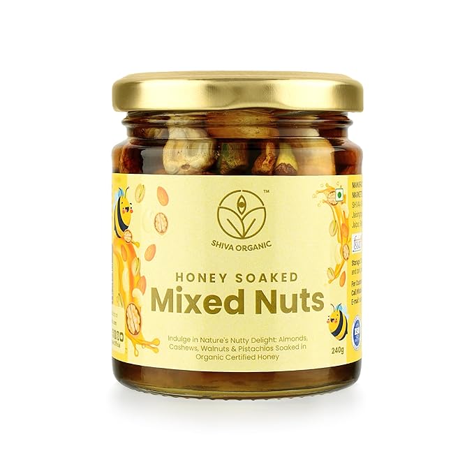 Shiva Organic Mixed Nuts in Honey (Almonds Walnuts Cashews Pistachios) - 240g (17.64 FL OZ) - Crunchy Protein-Rich High in Magnesium Phosphorus and Dietary Fiber