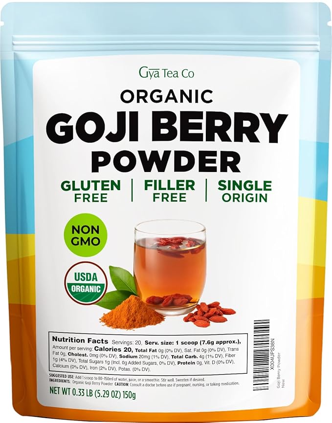 Gya Tea Co Organic Goji Berry Powder 0.33 lb (5.29 oz) - Superfood for Baking Tea Smoothies - Non-GMO Sugar-Free Gluten-Free Vegan Friendly