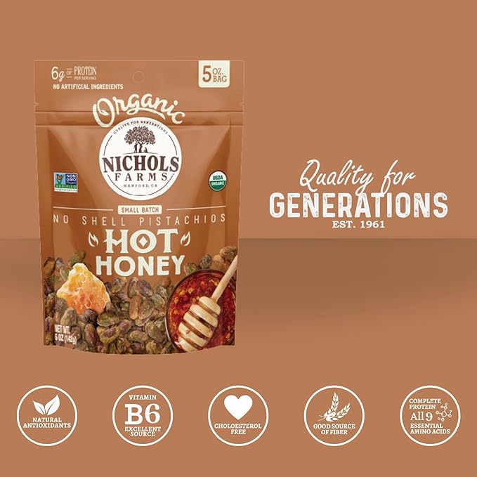 Organic Pistachios Hot Honey Flavored 5oz 3 Pack No Shell California Pistachios - Nichols Farms