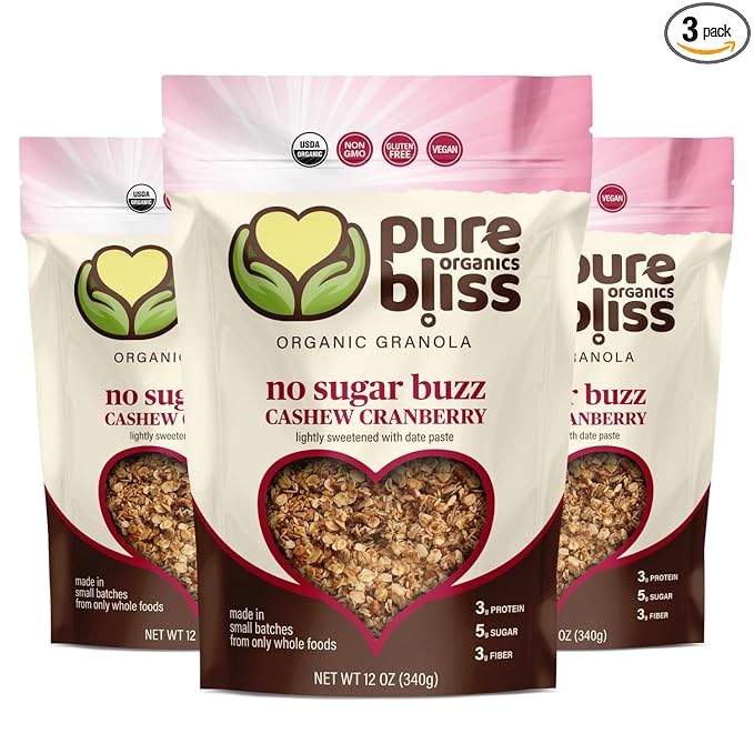 Pure Bliss Organics NO SUGAR BUZZ CASHEW CRANBERRY GRANOLA Certified Organic and Gluten Free Vegan Non GMO Low Glycemic Low Sugar Alternative Date Sweetened only Small Batch Artisan Granola Cer