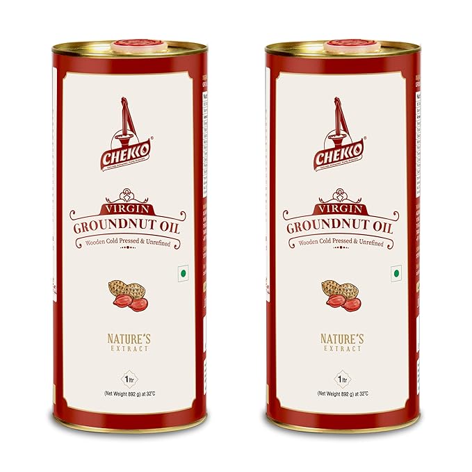 CHEKKO 100% Pure Cold-Pressed Peanut Oil (Groundnut Oil) 2 Liter – Natural Cooking Oil for Deep Frying Roasting &amp Everyday Cooking