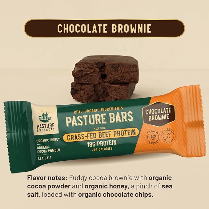 Pasture Brothers Grass-Fed Protein Bars - 18g Protein Seed Oil Free &amp Gluten Free - Clean Energy Snack with Organic Ingredients No Artificials (12-Pack Chocolate Brownie)