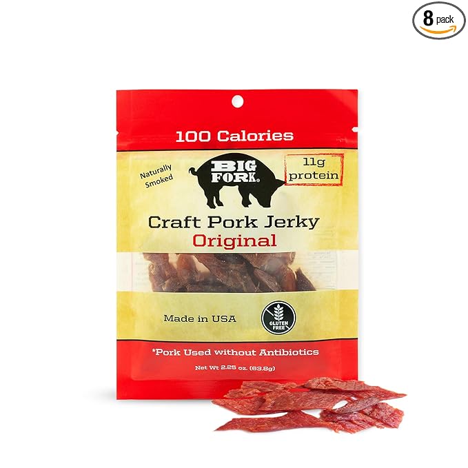 Craft Pork Jerky Original Flavor 8 x 2.25 oz Bags – Tender Hickory-Smoked Heritage Pork Jerky | Keto Paleo Gluten-Free | High-Protein Snack – Big Fork Brands