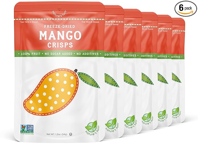 Nature’s Turn Freeze-Dried Mango Crisps – Healthy Gluten-Free Crispy &amp Delicious Plant-Based Snack Ideal for Cereal Smoothies School Lunches &amp On-the-Go Bags of 6 (1.2 oz Each)