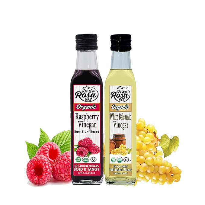 De la Rosa Organic Raspberry &amp White Balsamic Vinegar Vegan Kosher Non-GMO &amp Gluten Free Great for Salad Dressings Marinades &amp More 8.45 Oz (Pack of 2)