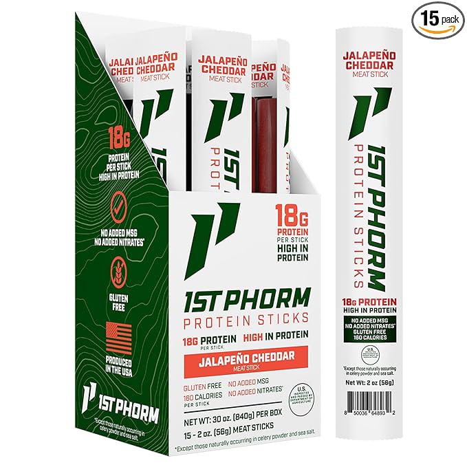 1st Phorm Meat Sticks Jalapeno Cheddar 18G Protein per Serving USA Raised Lean Beef and Pork High Protein Snacks Gluten Free No Msg or Nitrates Individually Wrapped 15 Count