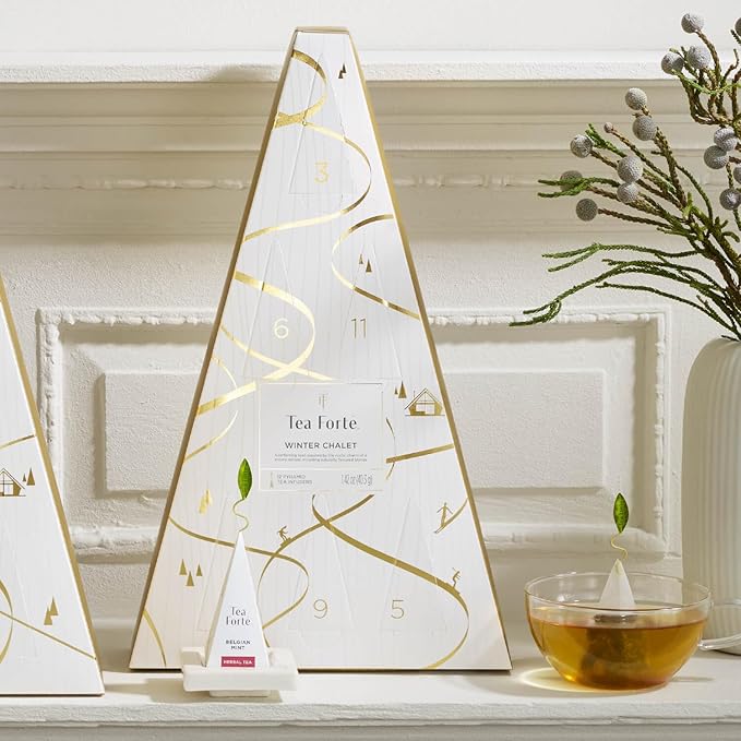 Tea Forte Tea Advent Calendar Gift Set 12 Individually Wrapped Handcrafted Assorted Pyramid Infuser Tea Bags with Numbered Doors Winter Chalet