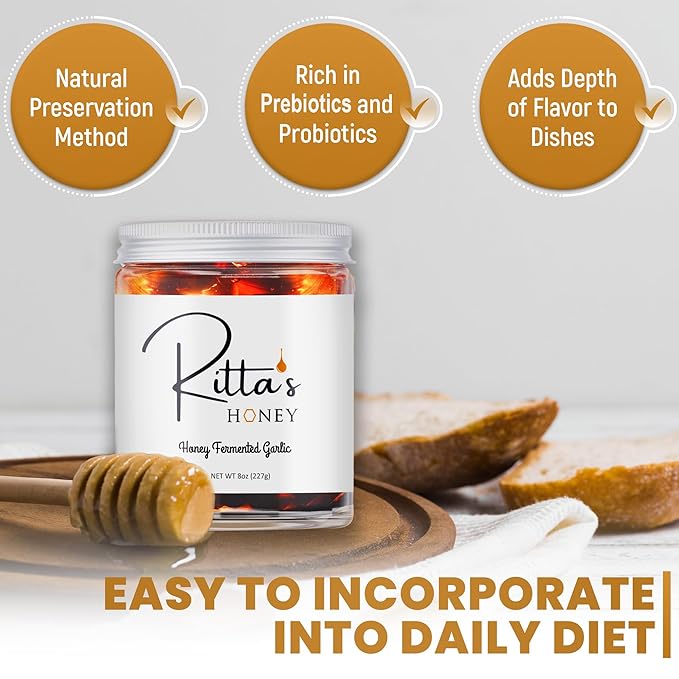 Ritta's Honey Fermented Garlic Honey to Enhance Meals and Overall Wellness. 100% Pure Nutrient Rich Raw California Wild Flower Honey with Organic Fermented Garlic Cloves