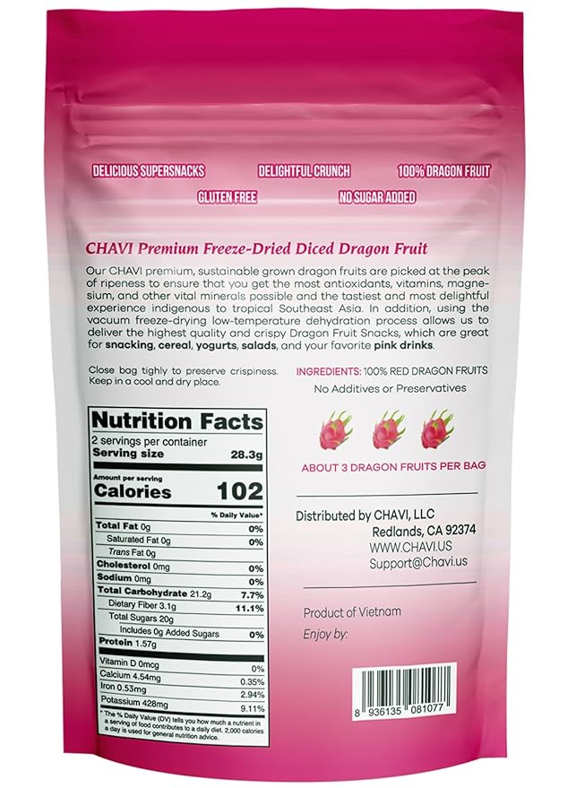 CHAVI Freeze-Dried Diced Dragon Fruit Snack | 12 oz | Pack of 6 x 2 oz - Healthy 1 Ingredient Superfood - No Added Sugars or Preservatives - Non-GMO Vegan Gluten-Free