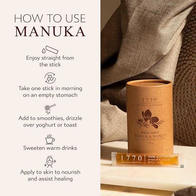 1770 Naturally Australian MGO 500+ Manuka Honey Sticks 30 x 15g Organic Honey for Tea Yogurt &amp Travel Snacks