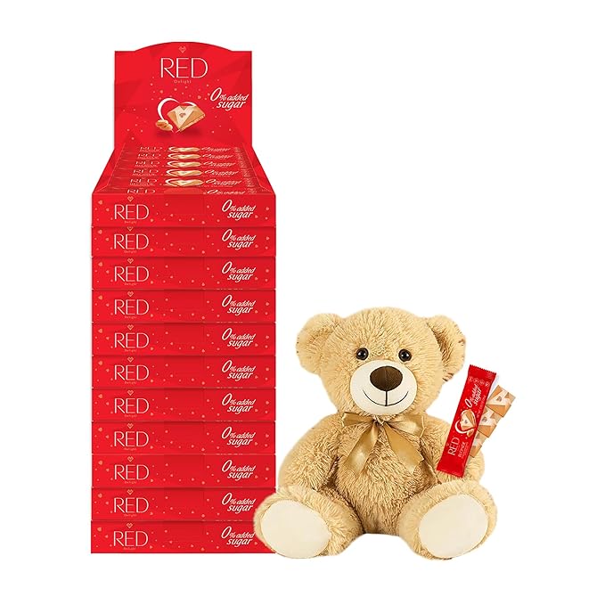 RED Delight®™ Blonde Caramelized White Chocolate 12 Count Box of Grab N Go Travel Size Bars (0.92 Ounces Each) with 14 Plush Teddy Bear (11 Boxes - Total of 132 Bars + 14 Plush Bear)