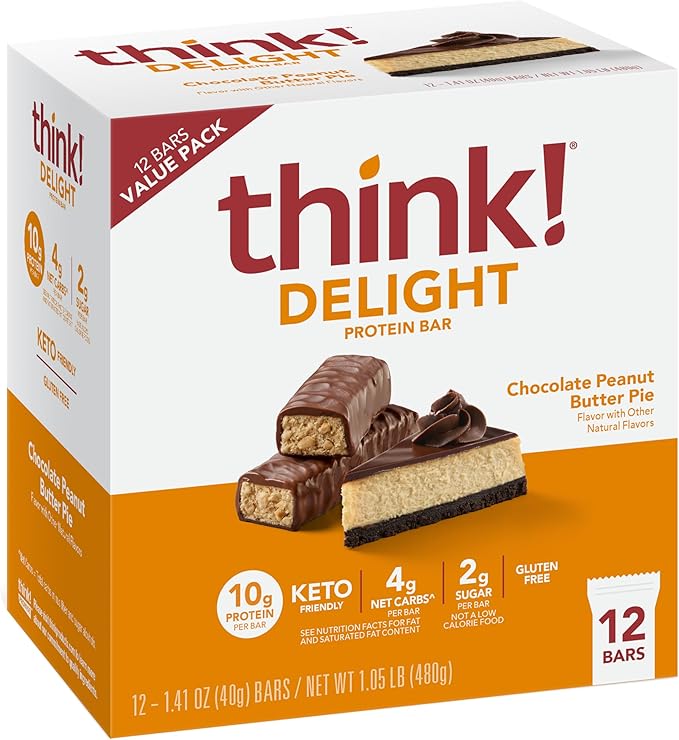 think! Delight Protein Bars Chocolate Peanut Butter Pie Low Sugar &amp Low Carb Gluten-Free Snack Keto Friendly Snacks 12 Count (Packaging May Vary)