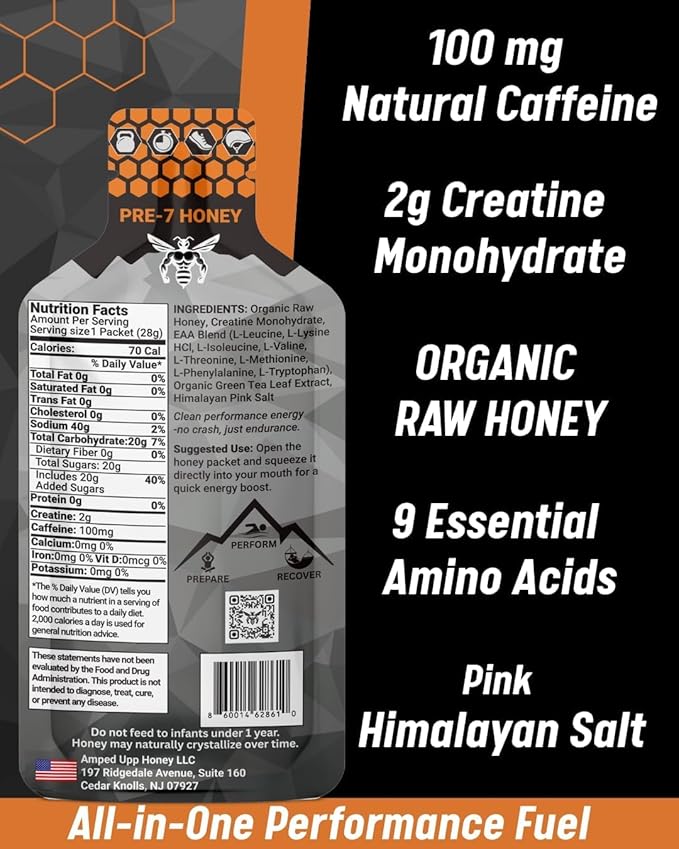 Amped Upp Honey PRE7-CAS Boost. for Strength. Energy. Hydration. Mental Focus. Prepare. Perform. Recover. Organic • Non-GMO • Made in The USA (Box of 12 Single-Serve Packets)