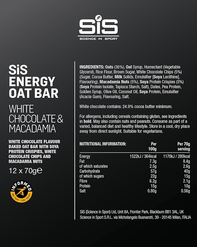 Science in Sport Energy Oat Bar - Oat Energy Bar for Elite Athletes - 40g Carbohydrates - 10g Protein - Balanced Nutrition Sports Snack - Vegan-Friendly - White Chocolate &amp Macadamia Flavor - 12 C