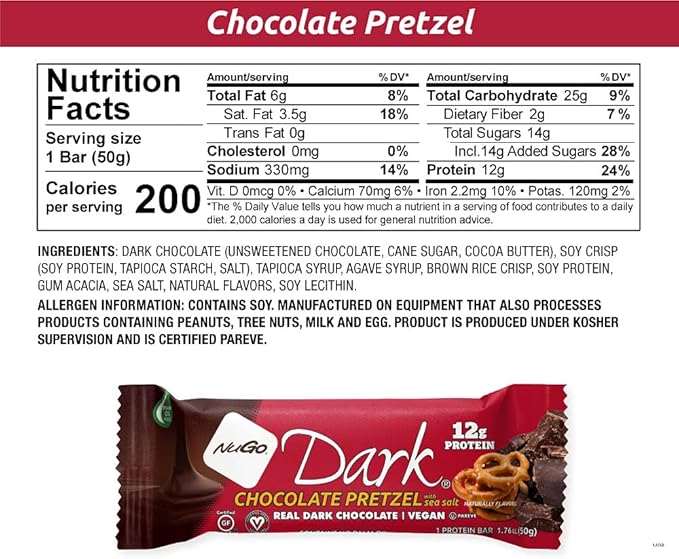 NuGo Dark Chocolate Pretzel and Sea Salt 12g Protein Bar Vegan Gluten Free Non-GMO Kosher Pareve 24 Count