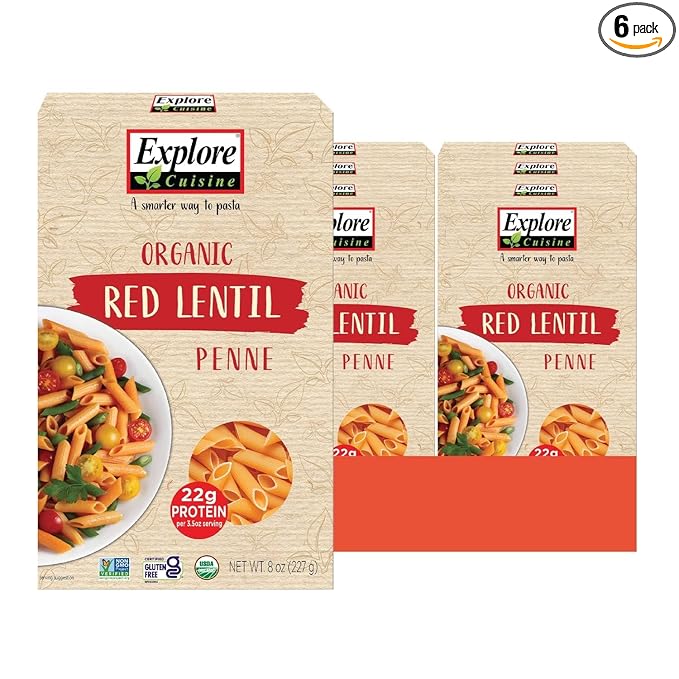 Explore Cuisine Organic Red Lentil Penne Pasta Non GMO 8 Ounces (Pack Of 6)