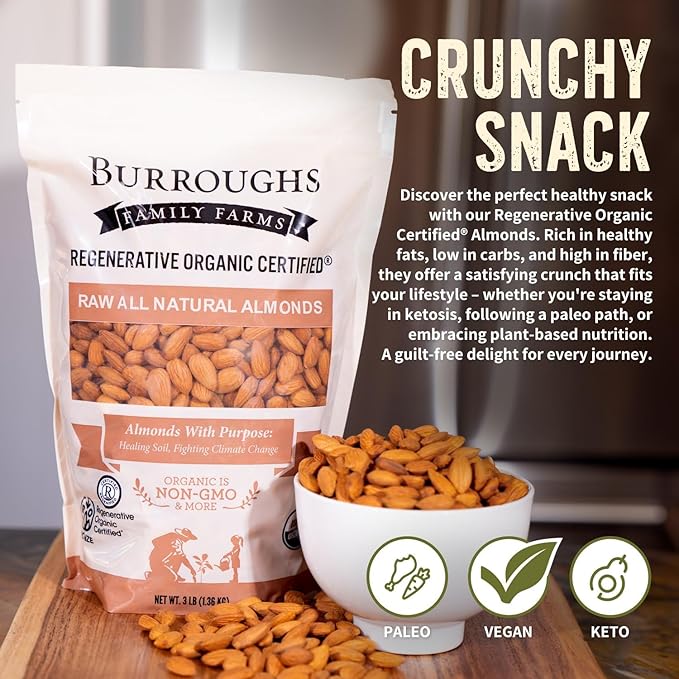 Burroughs Family Farms 3 lb USDA Organic Raw Almonds – First Regenerative Organic Certified Farm – Gluten-Free Non-GMO Vegan Paleo &amp Keto-Friendly Almond Nuts – High in Protein &amp Nutrients