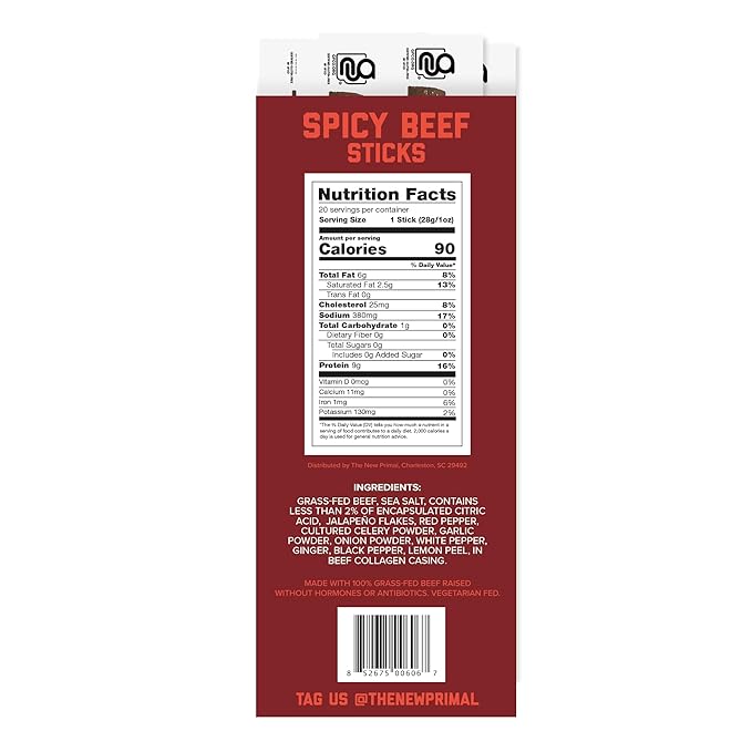 The New Primal Grass-Fed Spicy Beef Sticks Keto Gluten Free Healthy Snacks for Adults Sugar Free Low Carb High Protein Snack Paleo Whole30 Jerky Stick 9g Protein 20 Ct