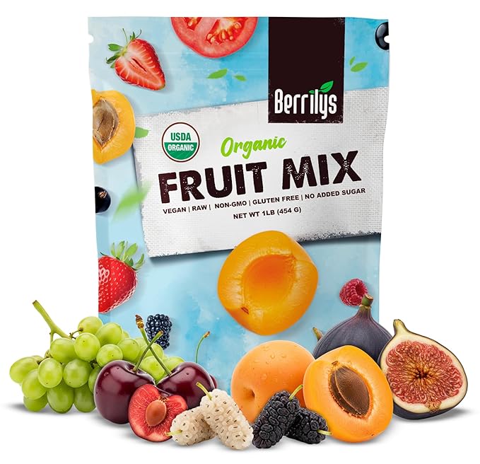 Berrilys Dried Fruit Mix USDA Organic 1 Lb of Diced Figs Apricots White Mulberries Sultanas Sour Cherries - No Sugar Added Non-GMO Perfect for Baking Oatmeal Trail Mix &amp Snacking