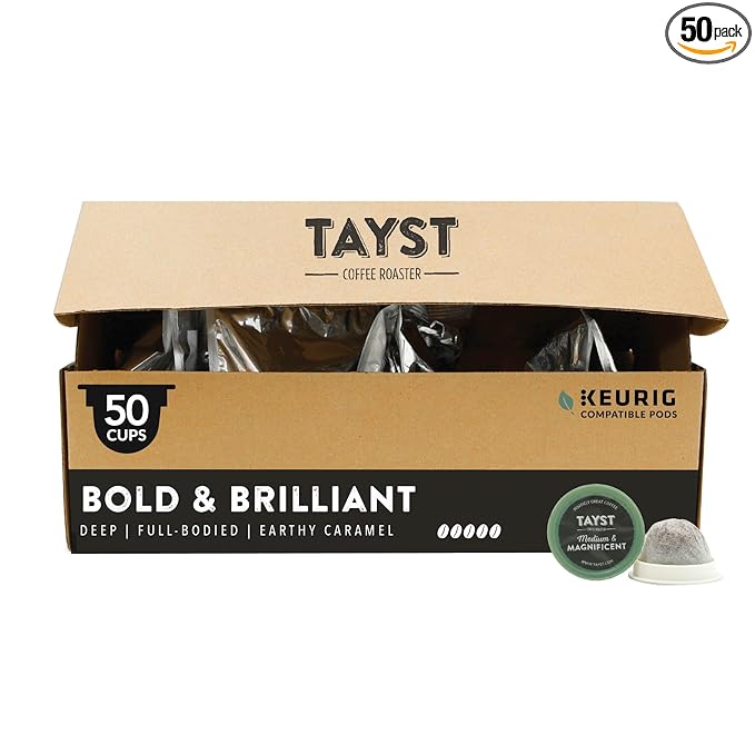Tayst Coffee Pods Bold &amp Brilliant Dark Roast K Cups Compatible with Keurig Coffee Maker Sustainable Single Serve Pack of 50