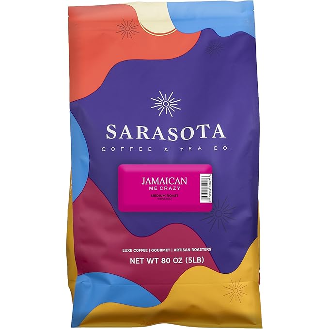 Sarasota Coffee Whole Bean Jamaican Me Crazy | Medium Roast Gourmet Flavored Coffee Beans | Low Acid Mold Free Specialty Grade Bulk Beans | 5lb (80 oz)