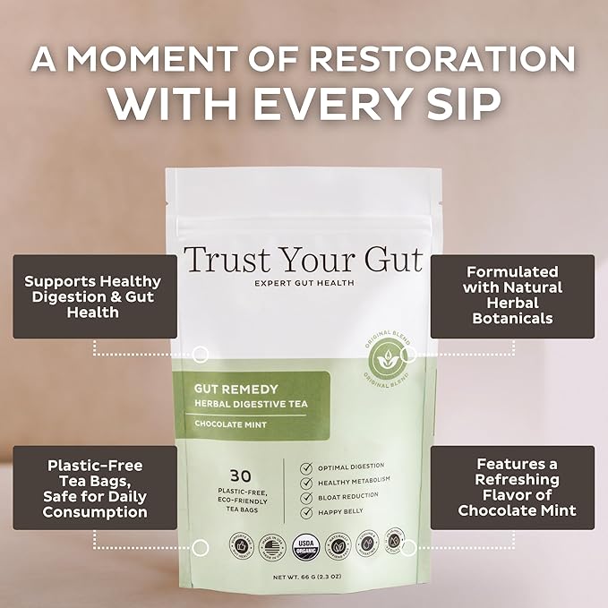 Trust Your Gut Organic Herbal Tea Blend – Lemon Balm Holy Basil Dandelion &amp Ginger Root – Supports Healthy Digestion &amp Gut Balance – Chocolate Mint 30 Bags