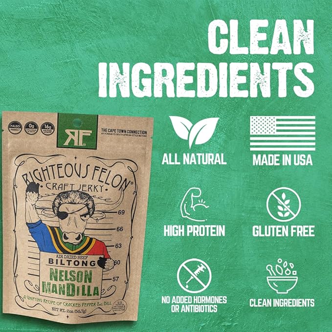 Righteous Felon Biltong Beef Jerky | South African Biltong Snack Packs for Adults | High Protein Keto-Friendly Low Sugar | Made with Premium Meats | Beef Jerky Gifts for Men | Nelson Mandilla 3 Pack